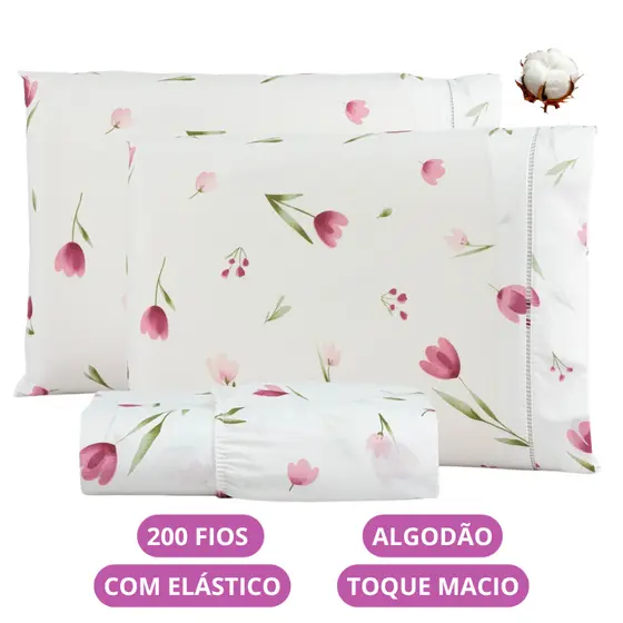 Jogo de Lençol Flores Algodão 200 Fios Solteiro Casal Queen King Toque Macio C/ Elástico