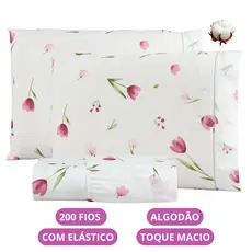 Jogo de Lençol Flores Algodão 200 Fios Solteiro Casal Queen King Toque Macio C/ Elástico