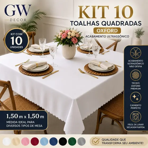 Kit com 10 Toalhas Quadradas Oxford 1,50x1,50 Para Eventos Casamentos Aniversários Buffet