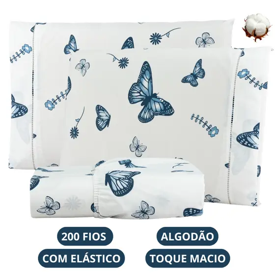 Jogo de Lençol Borboleta Algodão 200 Fios Solteiro Casal Queen King Toque Macio C/ Elástico