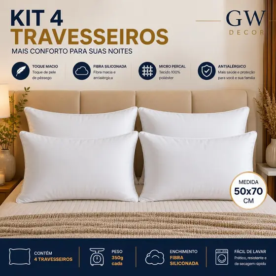 Kit 4 Travesseiros Fibra Siliconada 50x70cm Antialérgicos Micropercal 350g Toque Macio GW Decor