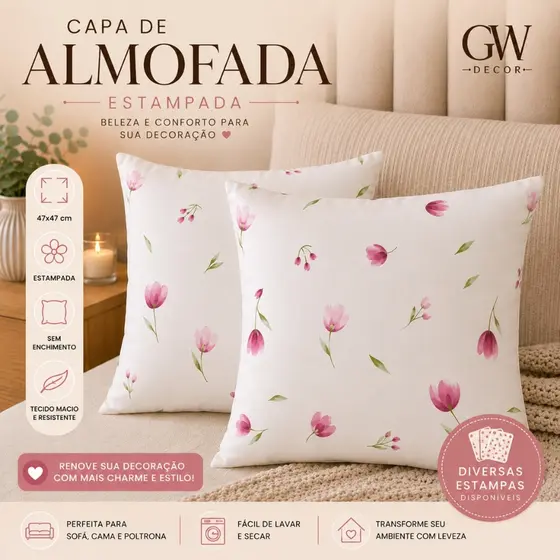 Kit 2 Capas de Almofada Estampadas 200 Fios Algodão 47x47cm para Decoração, Charme e Elegância Luxo