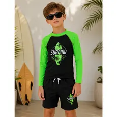 Roupa Praia Infantil UV50 Camiseta Manga Longa com Sunga Proteção Solar Meninos Praia Mar