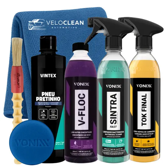 KIT SHAMPOO V-FLOC SINTRA FAST CERA TOK FINAL VONIXX PNEU PRETINHO VINTEX 500ML