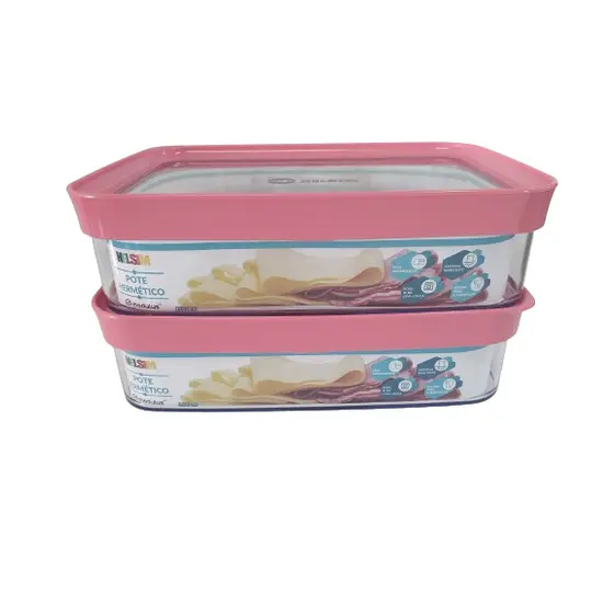 Conjunto 2 Potes Herméticos Porta Frios 1100ml cada Helsim Tampa Rosa