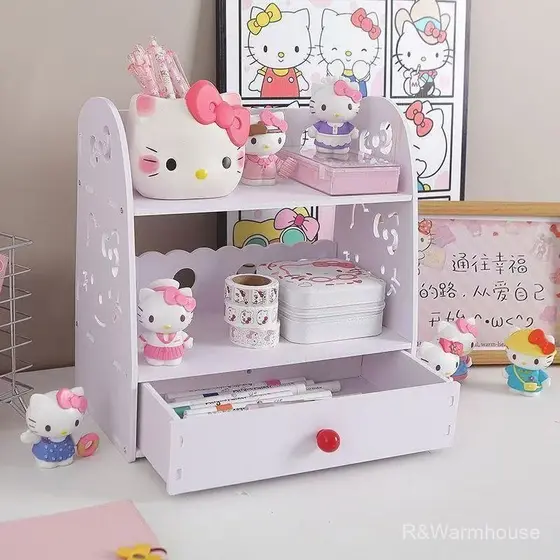 Caixa de armazenamento de mesa HelloKitty Kuromi, prateleira multi-camadas estilo gaveta, suporte para exposição de cosm