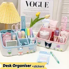 Caixa de armazenamento compartimentada para mesa, porta-canetas Kuromi Pacha, organizador de artigos de papelaria e cosm