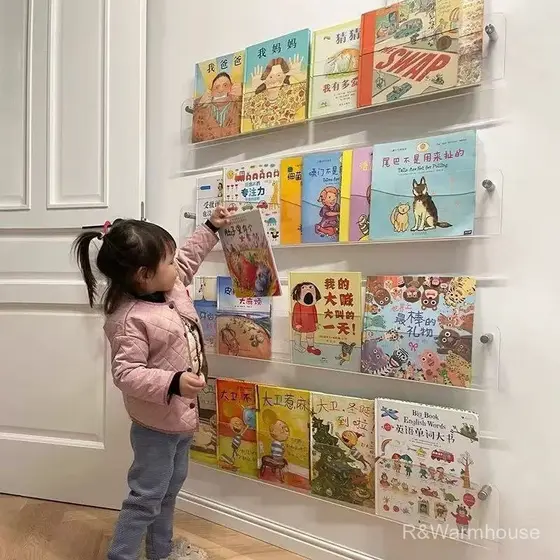 Prateleira de armazenamento transparente montada na parede, estante de livros infantis, prateleira para revistas e livro