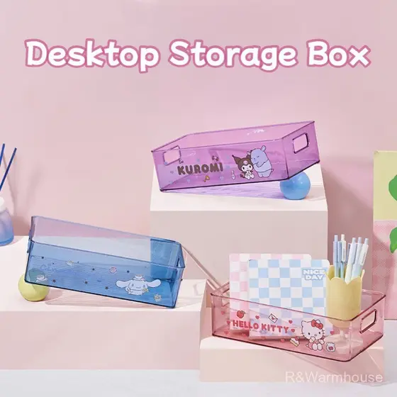 Caixa de armazenamento transparente em PET Sanrio Kuromi, organizador de cosméticos e artigos de papelaria em acrílico M
