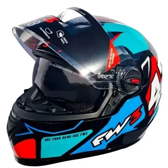 Capacete Fw3 Gtx 43 Azul/vermelho Com Viseira Solar