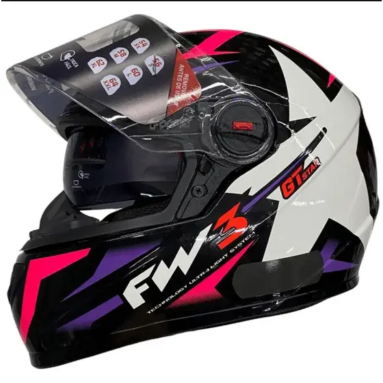 Capacete Fw3 Gtx Start Preto Brilhante / Lilas / Rosa Com Óculos
