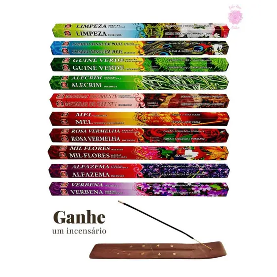 Kit Incenso Indiano 10 Aromas Energeticos limpeza Proteçao Espiritual Prosperidade Amor + Incensario