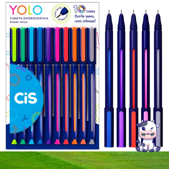 10 Canetas Cis Yolo 0.7mm Ponta Fina Esferográficas Cores Sortidas