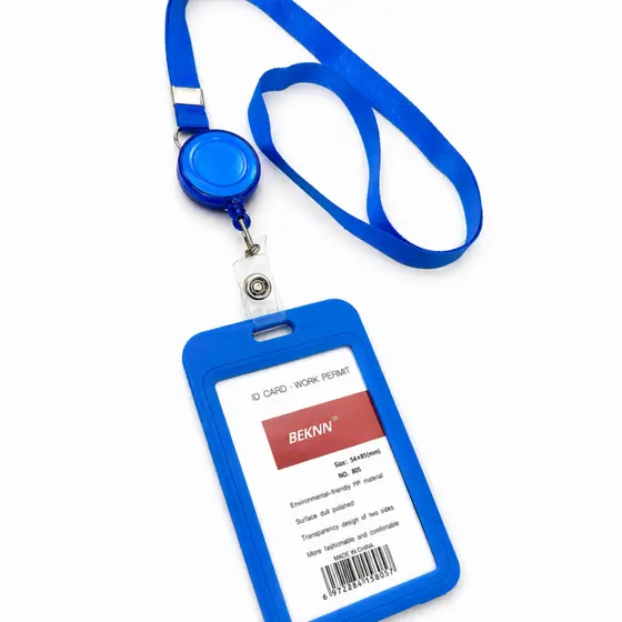 Porta Cartão Crachá c/ Cordão Azul e Suporte de Plástico Roller Retrátil