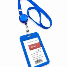 Porta Cartão Crachá c/ Cordão Azul e Suporte de Plástico Roller Retrátil
