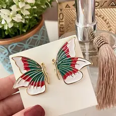 Brinco feminino borboleta esmaltado folheado banho ouro 18k pintado a mão