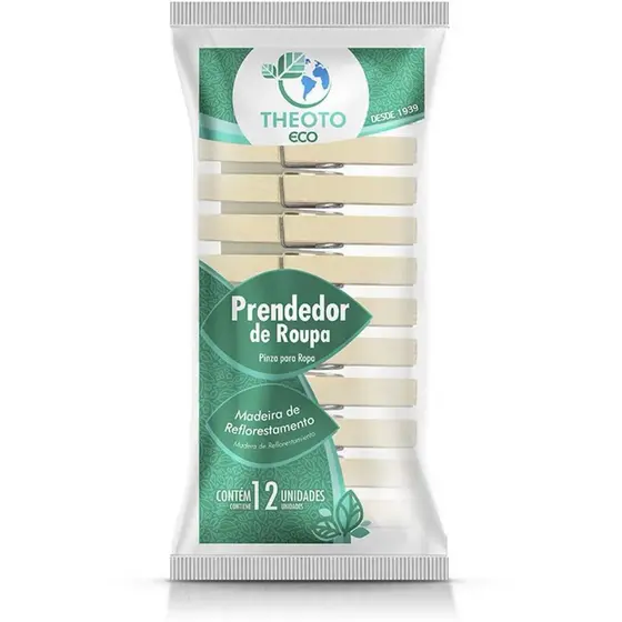 Prendedor de Madeira Theoto com 12 Unid. - Ideal para Roupas - Uso Doméstico - Casa - Lavanderia