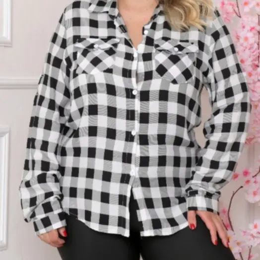 Plus Size Blusa Feminina manga longa inteira xadrez Importada rodeio festa junina