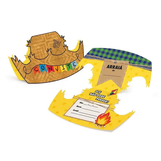 Kit 8 Convite de Aniversário Chapéu Festa Junina Arraial Amarelo