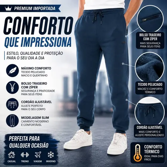 Calça Moletom Masculina Importada Pesada Forro Bolsos Laterais Traseiro com Zíper
