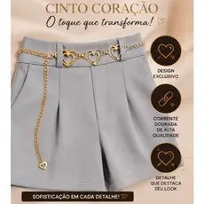 Short Alfaiataria Feminino Cinto Coração Dourado Cintura Alta