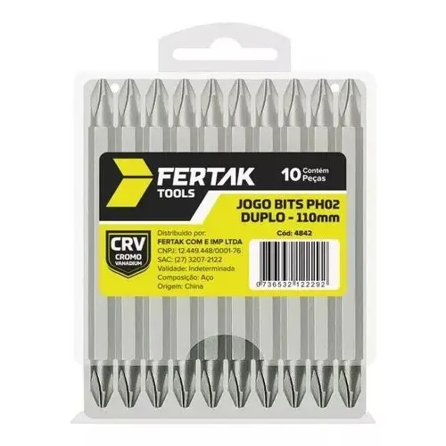 Jogo de Bits Para Parafusadeira Com Ponta dupla PH02 110MM Cromo Vanadium 10 Unidades