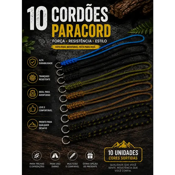 KIT 10 UNIDADES CHAVEIRO PARA MOTO / CHAVEIRO CORDÃO DE PESCOÇO DE PARACORD 550