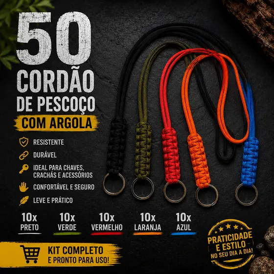 KIT 50 UNIDADES CHAVEIRO DE MOTO / CORDÃO DE PESCOÇO PARACORD 550 PARA REVENDA