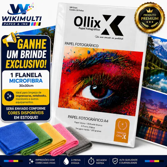 Papel Fotográfico Glossy Brilhante A4 180g Profissional Secagem Rápida com PCT de 50 Folhas - Ollix