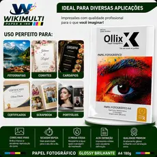 Papel Fotográfico Glossy Brilhante A4 180g Profissional Secagem Rápida com PCT de 20 Folhas - Ollix