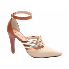 Sapato Scarpin Salto Alto Ajuste Fivela Bico Fino Bege/marrom