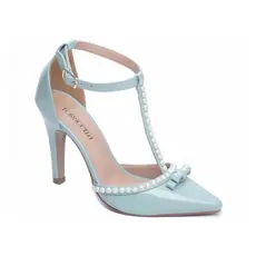 Sapato Scarpin Salto Alto Ajuste Fivela  Bico Fino Verniz Azul