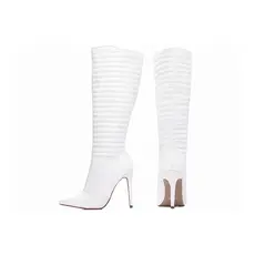 Bota Bico Fino Salto Fino Alto  12cm  Cano Longo Oval Branco