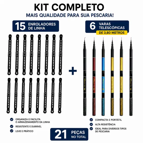 Kit 6 Varas Telescópicas 3,60m Fibra De Vidro + 15 Enroladores De Linha Pesca
