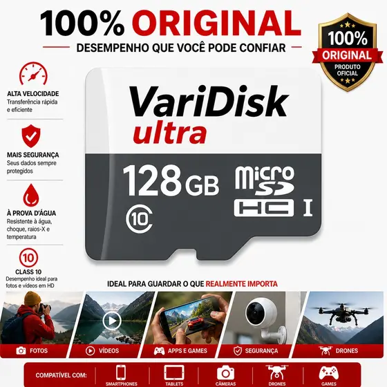 Cartão de Memória MicroSD Classe 10 A1 16GB-1024GB para Celular Câmera Drone CFTV com Adaptador SD