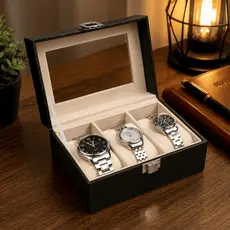 Caixa Porta Relógios 3 Lugares Estojo Organizador com Visor Preto Elegante Sofisticado