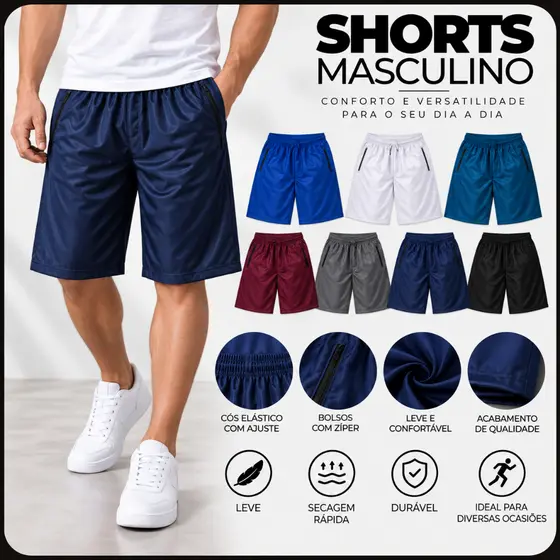 Bermuda Masculina Chipa com Bolsos de Zíper Cós Elástico Leve Confortável Esportiva Academia Dia a Dia