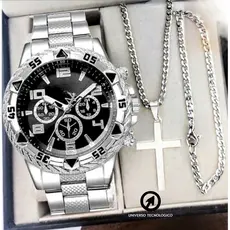 Kit Relógio Masculino Aço Inox Resistente a Água Com Corrente Cruz e Pulseira Presente Premium