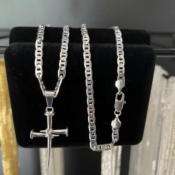 Cordão Corrente Piastrine 4 mm Cruz Martelo a Prata Legitima 925