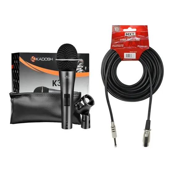 KIT Microfone Dinâmico KADOSH K-3 Com Cabo XLR Femea/P10 Macho Mono 10 Metros MXT