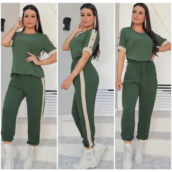 conjunto calça e blusa com detalhe com botao nas mangas