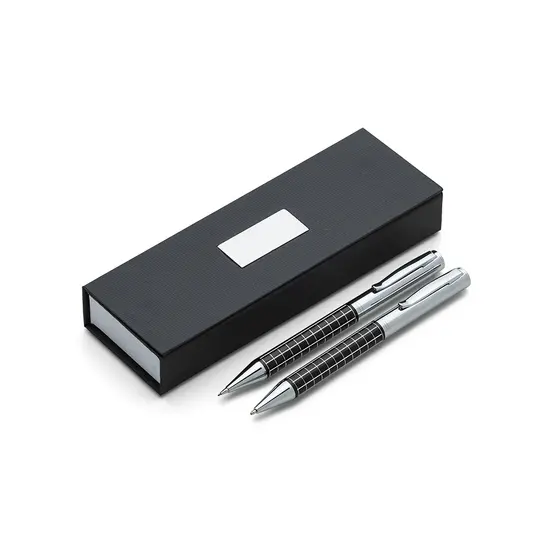 Kit Caneta e Lapiseira de Metal Prata – Estojo Revestido com Espuma