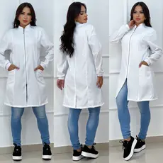 Jaleco Zíper Feminino Com Punho Manga Longa Bolso Lateral Gola Padre Caimento Acinturado Tecido Premium