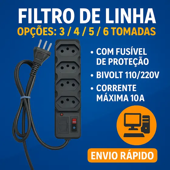 Filtro de linha 3/4/5/6 tomadas régua extensão com fusível - bivolt cabo 85cm 110/220V 10A
