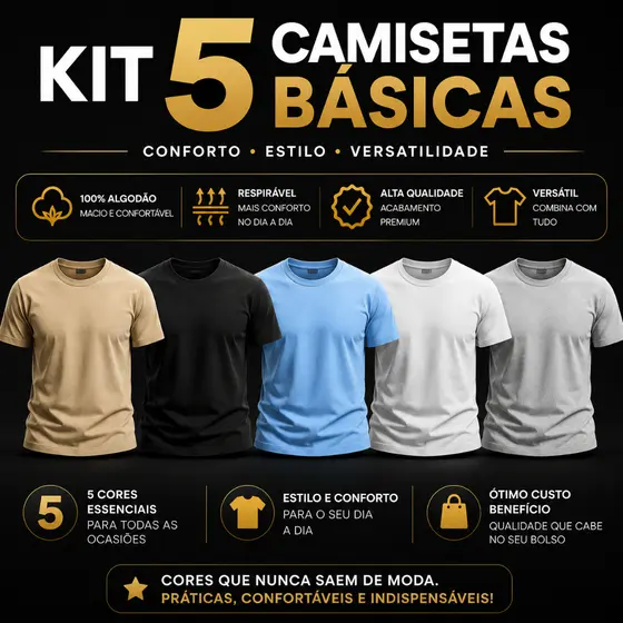 Kit 5 Camisetas masculinas lisa- camisa premium 100% algodão