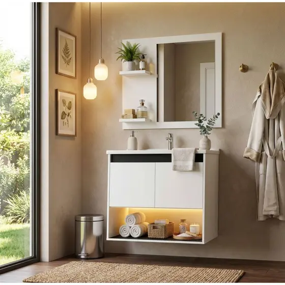 CONJUNTO GABINETE DE BANHEIRO + CUBA + ESPELHEIRA ZENITH DETALHES EM NATURE
