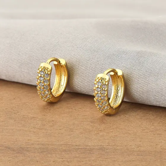 Brinco Argola 12mm Primeiro e Segundo furo Cravejada Banhada Ouro 18k