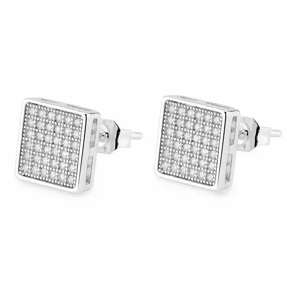 Par de Brincos Quadrado Prata Cravejado Pedras Zirconia Banhado a Ouro Branco