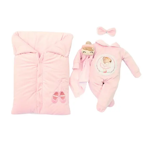 Saída Maternidade Menina Bailarina Rosa Plush Quentinho com Porta Bebe e Naninha Bailarina Luxo