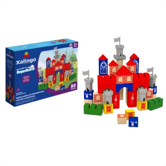 Brinquedo de Montar Brincando de Engenheiro Castelo Medieval 80 Peças Madeira Reflorestada Criatividade - 54621 Xalingo